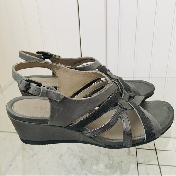 Ecco Touch 45 Grey Leather Wedge Heels Sandals - Picture 7 of 14